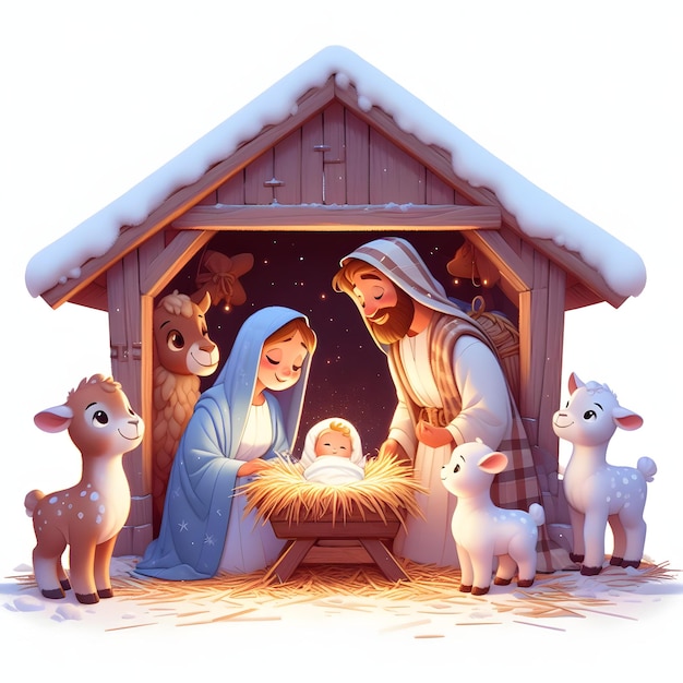 Фото Сцена рождества с младенцем иисусом и его родителями
