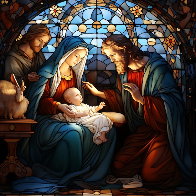 Photo nativity scene with baby jesus in a manger stained glass art