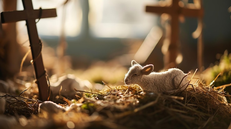 Photo nativity scene with hay easter concept