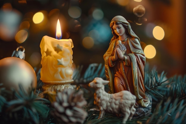 Nativity Scene With Lit Candle and Figurine