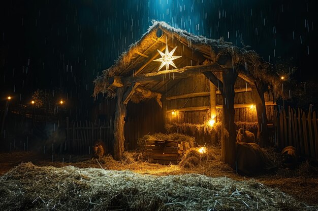 Nativity Scene With Star Above Manger