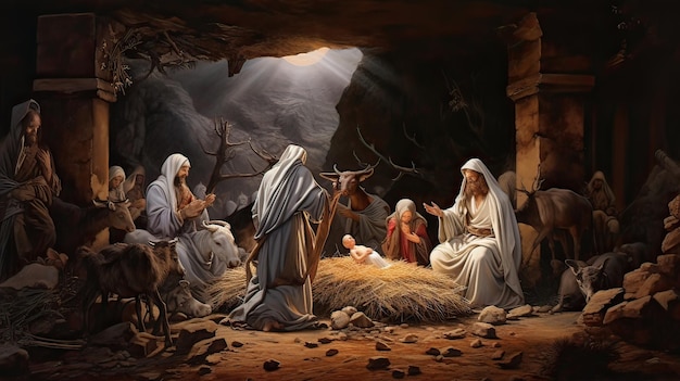 Nativity scenes depicting the birth of Jesus Religious celebration profound connection spiritual essence festive spirituality Generated by AI