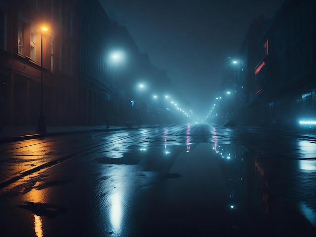 Natte asfaltreflectie van neonlichten, een zoeklicht, rook en straatnachtzicht in de nachtstad