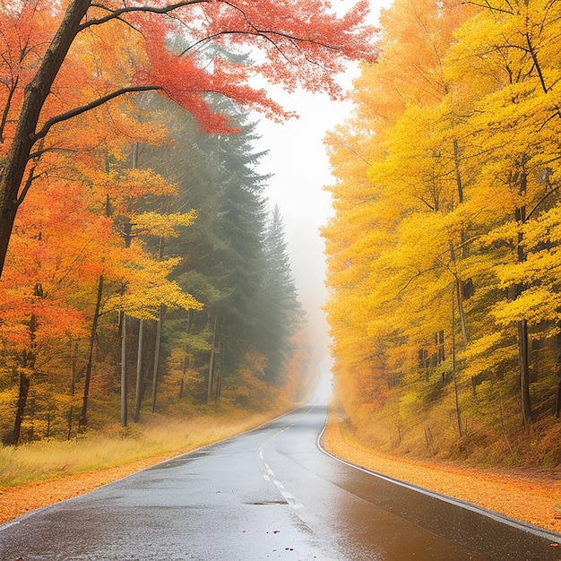 Natte asfaltweg die door kleurrijk herfstbos loopt, gegenereerd door AI