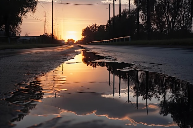 Natte asfaltweg met reflecties van het omringende landschap tijdens zonsopgang of zonsondergang