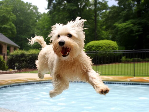 Natte en vrolijke hond die op een warme zomerdag in een zwembad springt