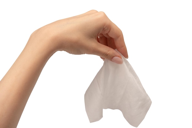 natte handdoek in een vrouwelijke hand geïsoleerd op een witte achtergrond wassen handen geïsoleerde