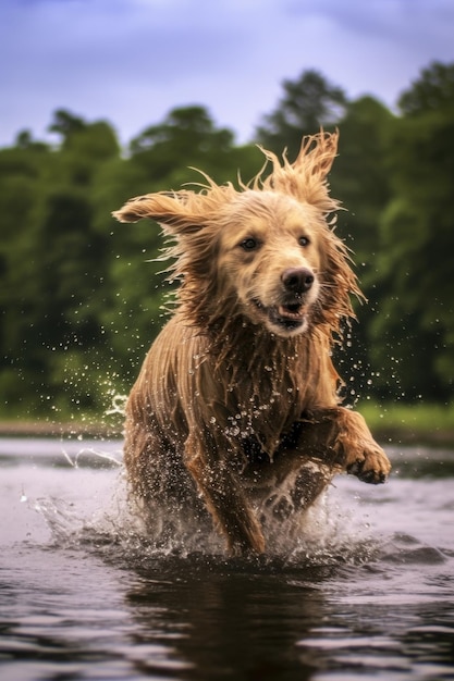 Natte hond die water afschudt na een duik in een meer gecreëerd met generatieve AI