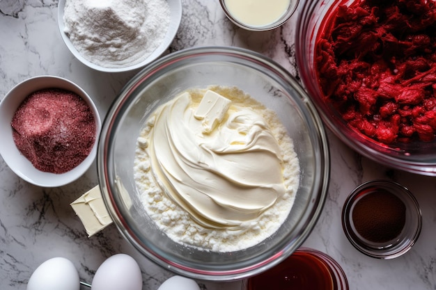 Natte ingrediënten mengen in een glazen kom voor roodfluwelen cupcakes met glazuur van witte chocoladeganache