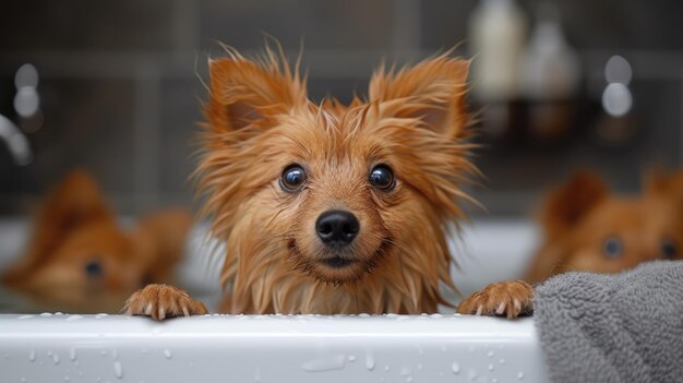 Natte Yorkshire Terrier in een badkuip die naar buiten kijkt Huisdieren badtijd en verzorgingsconcept