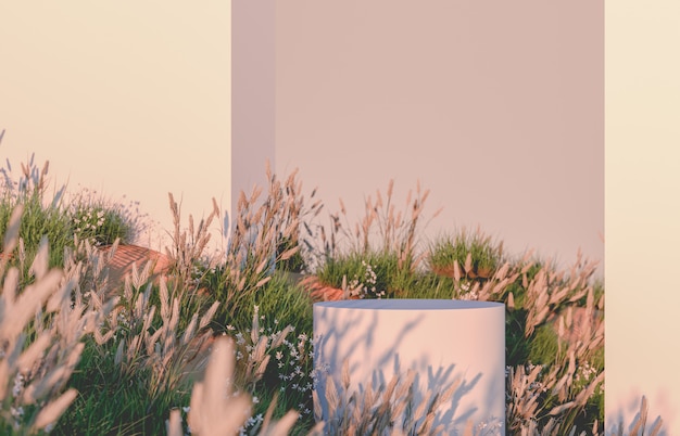 natural 3d podium with wild flower field background.