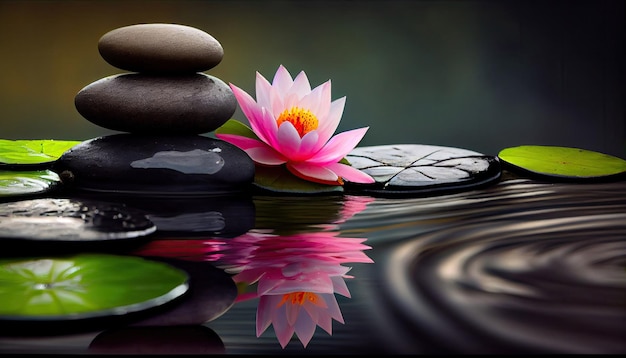 Natural Alternative Therapy With Massage Stones And Waterlily In Water with Generative AI Technology