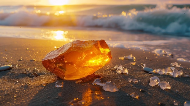 natural amber beautiful gemstone piece lying on the sand