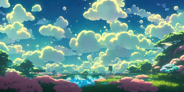 Natural anime landscape with bright sky and juicy colors