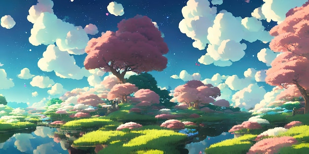 Natural anime landscape with bright sky and juicy colors