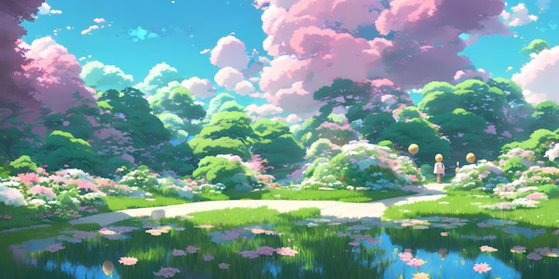 明るい空とジューシーな色の自然なアニメの風景