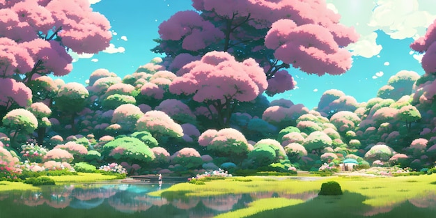 Natural anime landscape with bright sky and juicy colors