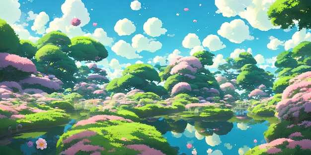 明るい空とジューシーな色の自然なアニメの風景