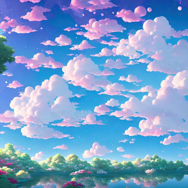 Natural anime landscape with bright sky and juicy colors