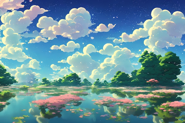 Natural anime landscape with bright sky and juicy colors