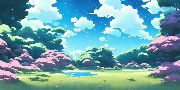 明るい空とジューシーな色の自然なアニメの風景