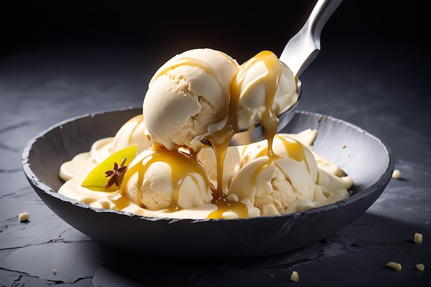 natural appetizing creamy and pear ice cream decorated with pear and served in smoke on a dark stone