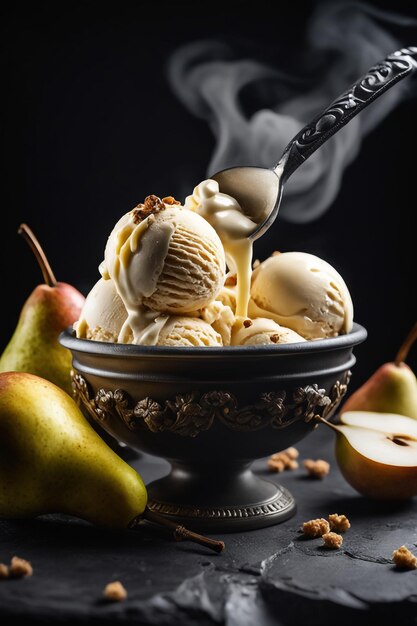 natural appetizing creamy and pear ice cream decorated with pear and served in smoke on a dark stone