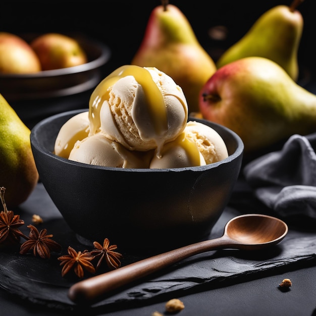 natural appetizing creamy and pear ice cream decorated with pear and served in smoke on a dark stone