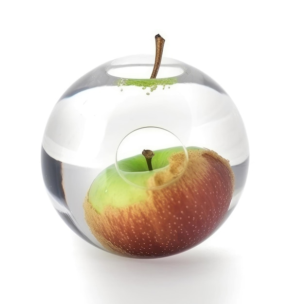Natural apple inside a glass ball in the shape of an apple