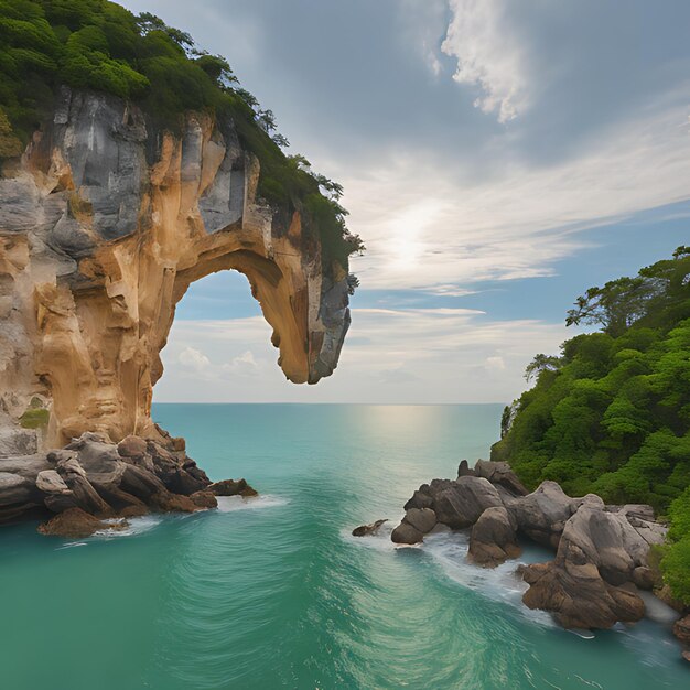 Photo a natural arch is seen from the water in this photo