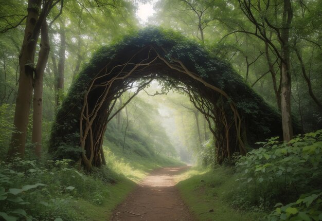 Natural archway shaped by branches in the fores