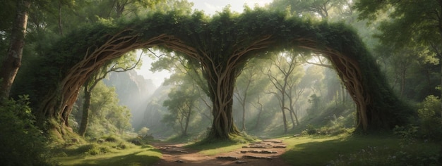 Natural archway shaped by branches in the forest