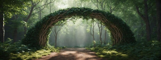 Natural archway shaped by branches in the forest