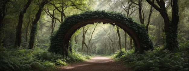 Natural archway shaped by branches in the forest