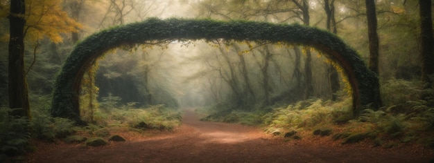 Natural archway shaped by branches in the forest