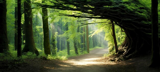 Natural archway shaped by branches in the forest