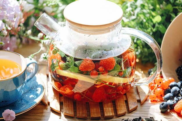 Natural aromatic fruit tea in a transparent teapot and in a cup\
among berries and flowers warming aromatic tea with a deep aroma of\
berries and wildflowers