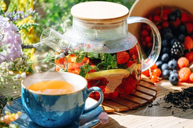 Natural aromatic fruit tea in a transparent teapot and in a cup\
among berries and flowers warming aromatic tea with a deep aroma of\
berries and wildflowers