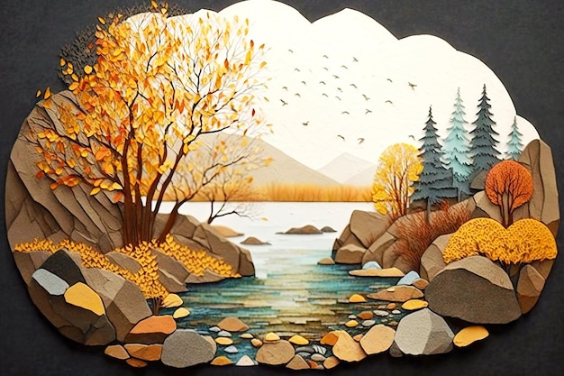 생성 인공 지능으로 만든 물과 나무 아트지 콜라주에 돌이 있는 자연 가을 풍경