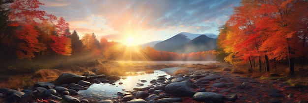 森の中に太陽があり、オレンジ色の葉の山がある自然の秋の風景