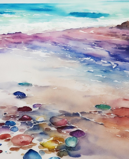 Foto fantastico dipinto naturale sulla spiaggia in vetro multicolore su immagine ad acquerello hd su carta