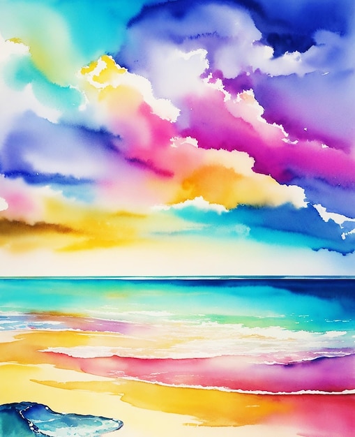 Foto fantastica spiaggia di vetro multicolore naturale con nuvole colorate che dipingono su carta hd immagine ad acquerello