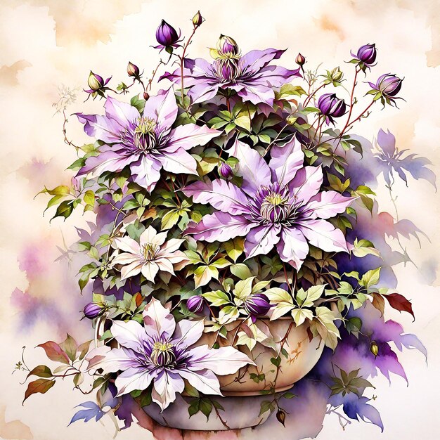Photo natural awesome sugarbowl clematis painting hd watercolor image multicolor background
