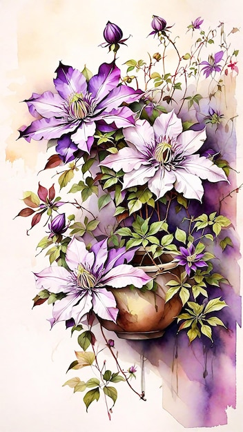 Photo natural awesome sugarbowl clematis painting hd watercolor image multicolor background