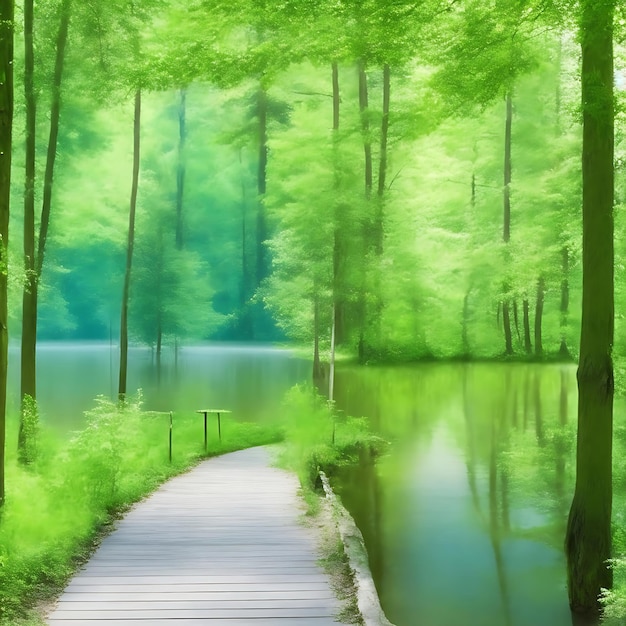 아름다운 숲 나무 호수 길과 풍경 AI 생성의 자연 배경 이미지