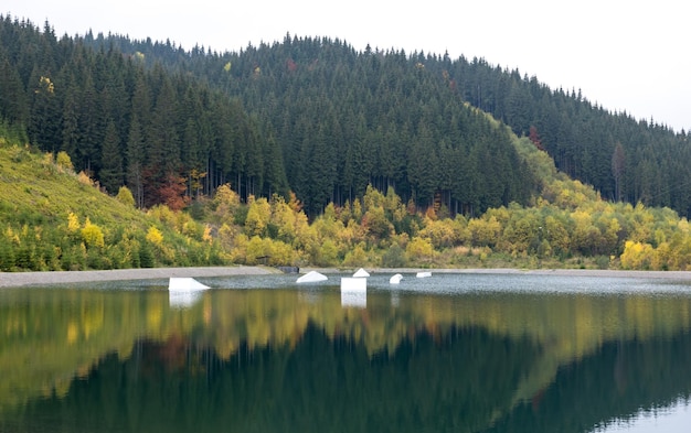 自然の背景の湖と秋の山の森