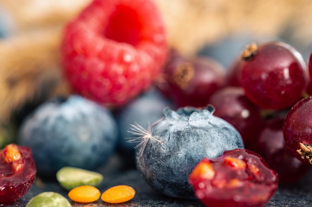 Natural background with different wild berries macro shot