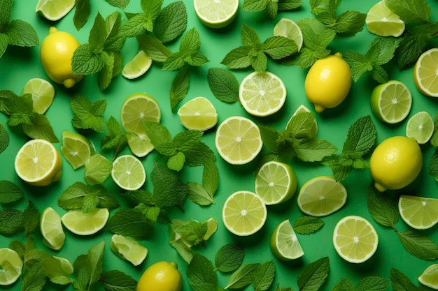 Foto sfondo naturale con fette di agrumi lime e limoni ai generati