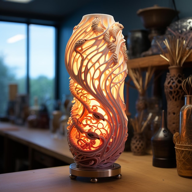 Foto lampada da tavolo a led di bambù naturale e modello 3d di fantasia di un bellissimo designer