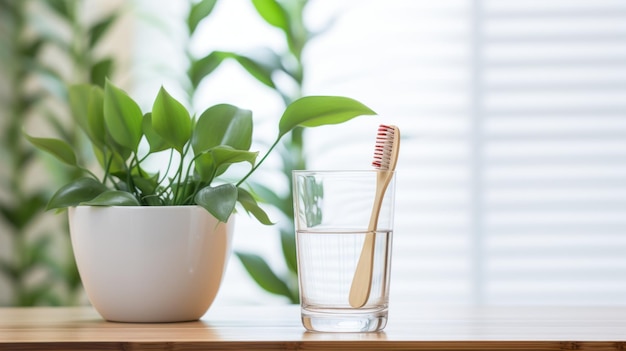 Natural bamboo toothbrush in glass on white wood with green leaves